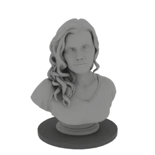 Modèle 3D d'un buste de femme aux cheveux ondulés, regardant vers l'avant avec une expression neutre, posé sur une base circu