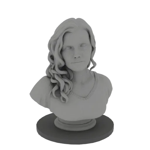 Modelo 3D de un busto de mujer con cabello ondulado, mirando hacia adelante con expresión neutra, sobre una base circular.