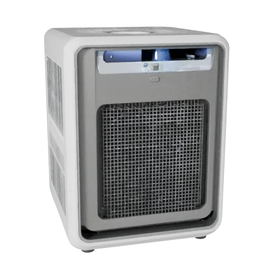 Retro Air Purifier Product Viz 3D model, home interior, three-quarter studio product render, plastic detail.