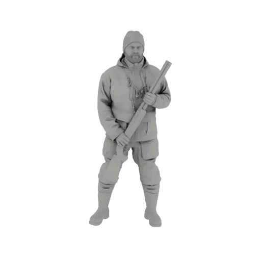 3D model of a winter hunter wearing a beanie and jacket, holding a shotgun, rendered in gray.