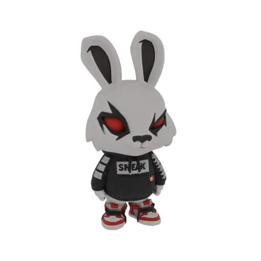 3D model of a white bunny character with red eyes, wearing a black 'SNEAK' hoodie and red and white sneakers, against a white