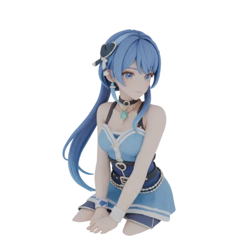 3D model of an anime girl in a blue dress, in a graceful pose, with blue hair and expressive eyes.