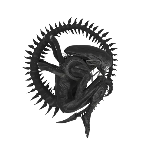 Um modelo 3D detalhado da criatura Xenomorfo, retratado em uma pose escura e ameaçadora contra um fundo preto.
