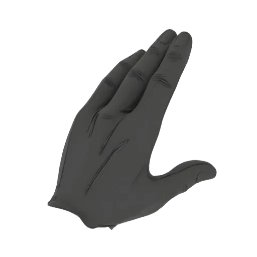 Modèle 3D d'un gant en latex noir, vu sous un angle légèrement élevé avec les doigts écartés.