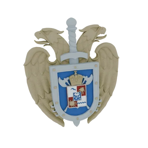 3D model of a Double-Headed Eagle Coat of Arms with a central shield, crown, and sword, set against a black background.
