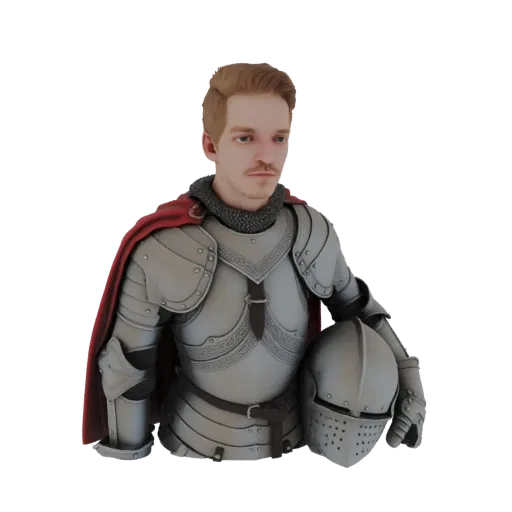 3D render of a medieval knight bust wearing detailed plate armor and a red cape, holding a helmet.