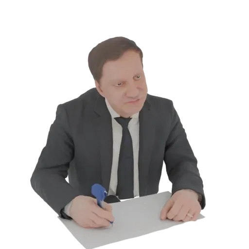 3D model of a man in a dark suit and tie, sitting at a desk and writing with a blue pen on a piece of paper, with a focused expression.