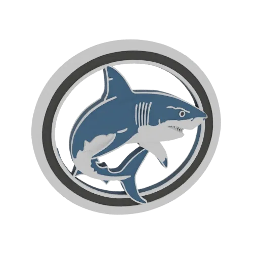Render de modelo 3D de emblema de tiburón azul con pose dinámica dentro de un marco circular.