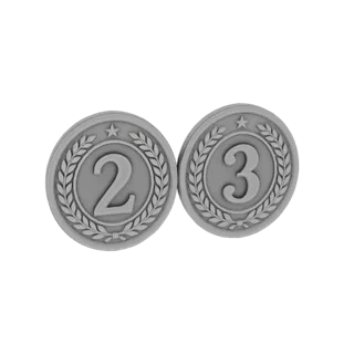 Modelo 3D de duas medalhas de prata, uma com um '2' e a outra com um '3', ambas com coroas de louros e estrelas.