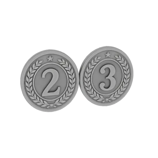 3D model of two silver medals, one with a '2' and the other with a '3', both featuring laurel wreaths and stars.