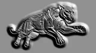 Modèle 3D de panthère cybernétique style bas-relief avec détails de circuit imprimé, réalisé en tons monochromes.
