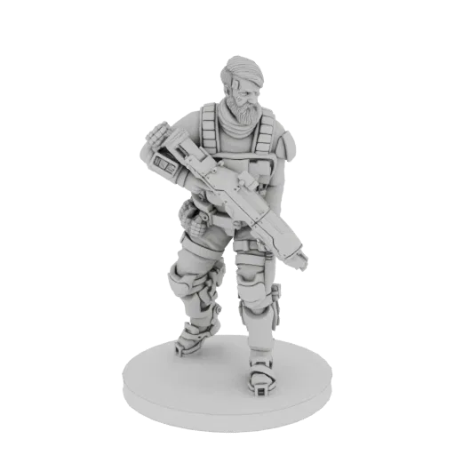 3D model of a sci-fi soldier with a beard, wearing tactical gear and holding a futuristic rifle, standing on a base.