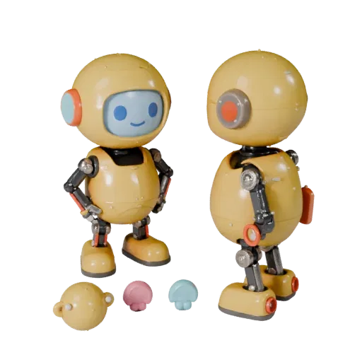 Robot Food Mascot modular kit 3D model preview showing pose, top-down kitbash view, expression and smooth toy surfaces
