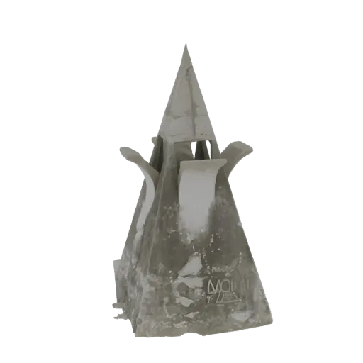 3D model of a Gothic spire finial with intricate details and a weathered stone texture, set against a black background.