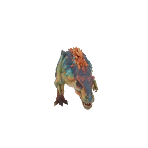 A low-poly 3D model of a vivid multi-colored Therizinosaurus with sharp teeth and large claws, in an aggressive pose.