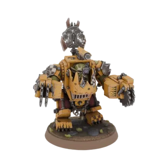 3D model of a yellow and red Ork Mega-Gargant mech with a large claw and saw blade, standing on a textured base.