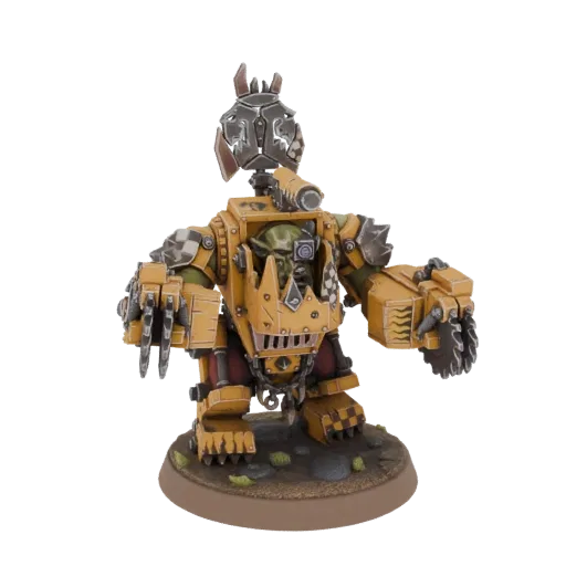 3D-Modell eines gelb-roten Ork Mega-Gargant Mech mit großer Klaue und Sägeblatt, auf texturierter Basis.