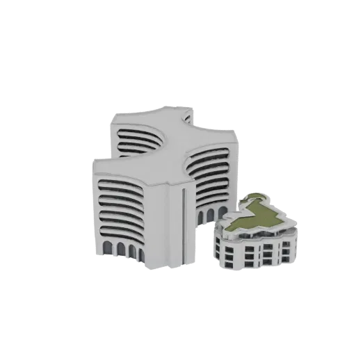 Modelo 3D de conjunto de edifícios futuristas com duas estruturas distintas, uma alta com persianas e outra mais baixa com te