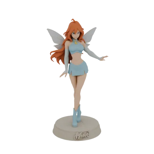 Modèle 3D de Bloom, la princesse fée de Winx Club, debout sur une base avec ses ailes déployées.