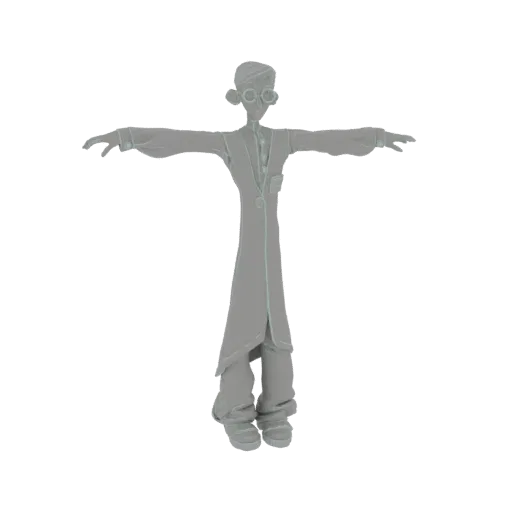 A stylized 3D model of a scientist character with goggles and a lab coat, standing in a T-pose against a white background.