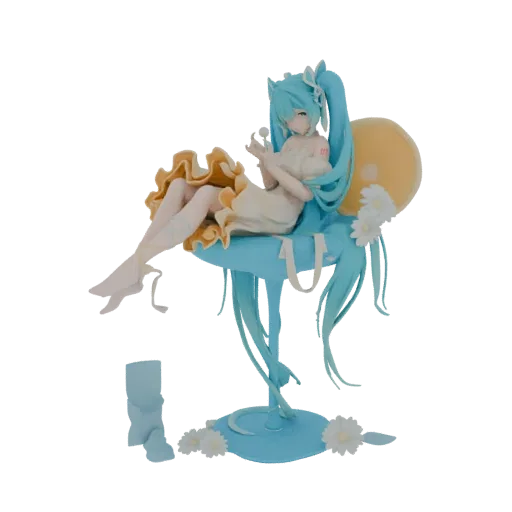 3D model of Hatsune Miku sitting on a blue cloud, holding a white orb, with flowers and a crescent moon on the base.