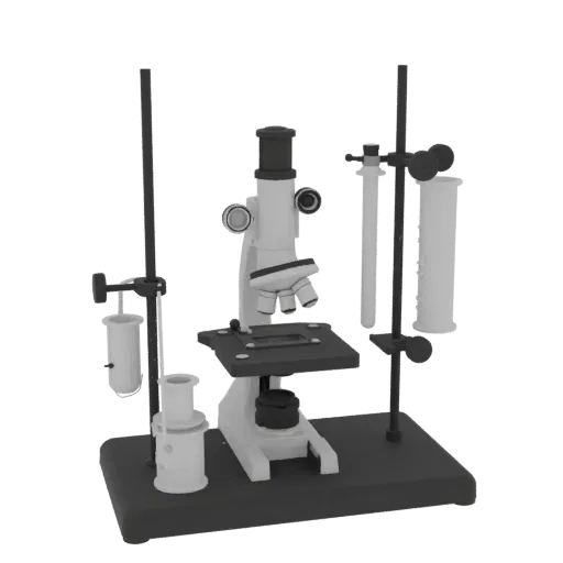 Chemie-Mikroskop druckbares 3D-Modell, isometrische STL-Renderung, zeigt Glas, erkennbare Laborformen.