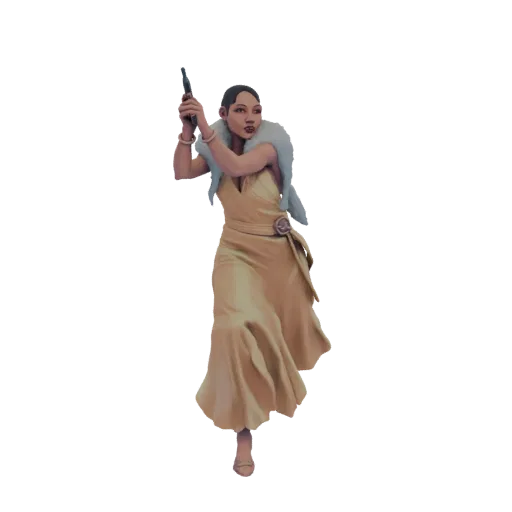 3D model of a 1920s flapper woman in a gold dress holding a pistol, with a fur stole around her neck.