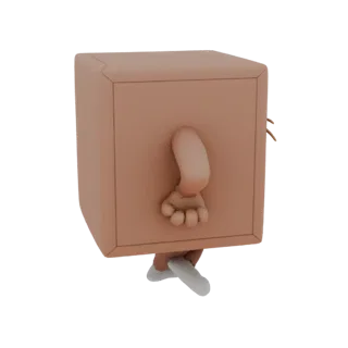 Uma renderização 3D de um personagem cubo marrom cartoon com um pé saindo da parte inferior e uma mão emergindo da lateral.