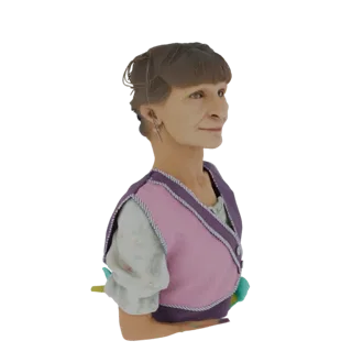 3D model of an elderly woman's bust, facing right, with short brown hair and wearing a purple and pink vest.
