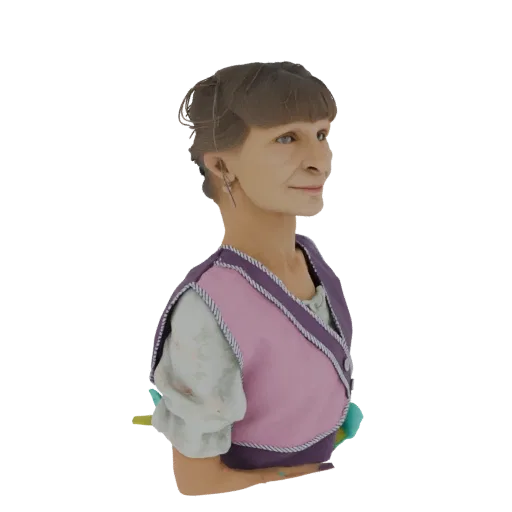 Modelo 3D del busto de una mujer mayor, mirando hacia la derecha, con cabello corto y castaño y vistiendo un chaleco morado y
