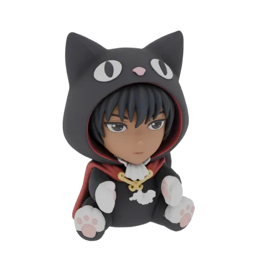 3D model of a chibi character in a black cat costume with a red cape, sitting and looking forward.