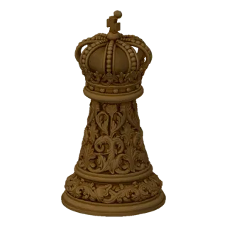 A detailed 3D model of an ornate King chess piece with a crown and intricate carvings, set against a black background.