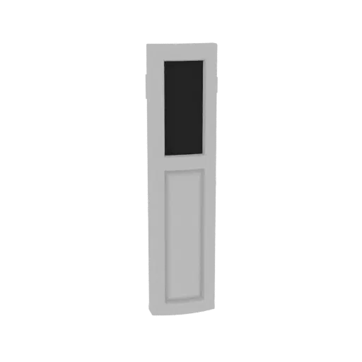 3D render of a modern light post with a gray body and a dark rectangular panel at the top, set against a white background.