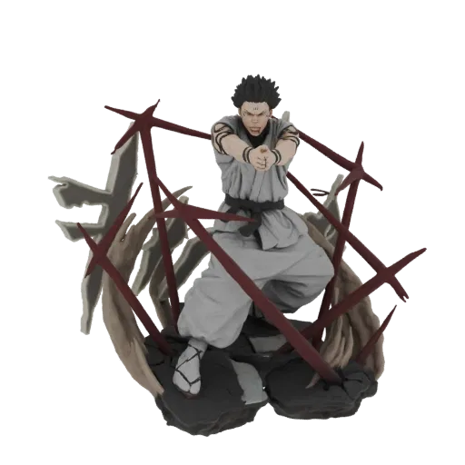 Modèle 3D de la technique maudite de Sukuna, personnage masculin d'anime en pose dynamique entouré de pointes rouges et de dé