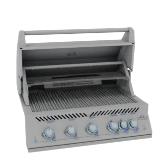 Modello 3D di un Napoleon Serie 700 da Incasso 38" Grill a Gas, mostrato con il coperchio aperto, che rivela le griglie di co