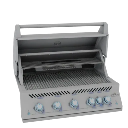 3D model of a Napoleon Built-In 700 Series 38" Gas Grill, shown with the lid open, revealing the cooking grates and control p