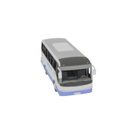 1:250 scale tourist bus 3D model, front and top view, white with blue stripes