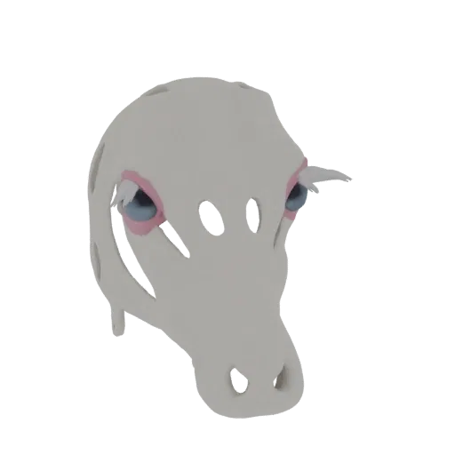 A 3D render of a stylized alien creature head with large blue eyes, pink eye accents, and a gray, perforated skull.