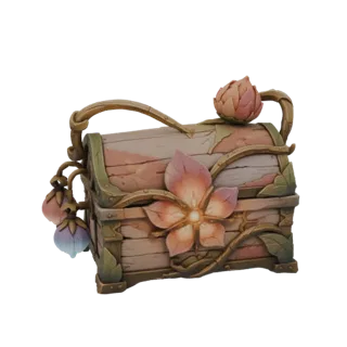 Modelo 3D de un cofre del tesoro encantado con flores pastel, enredaderas y una flor central brillante, sobre un fondo blanco