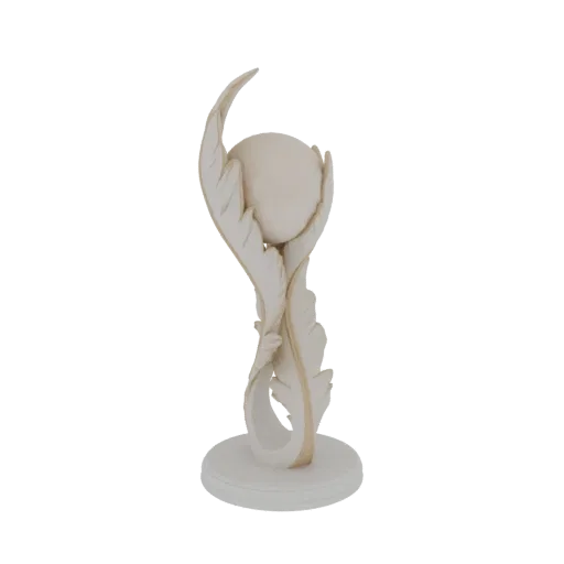 3D render of an elegant sculpture with a smooth orb held by stylized feathers on a circular base.