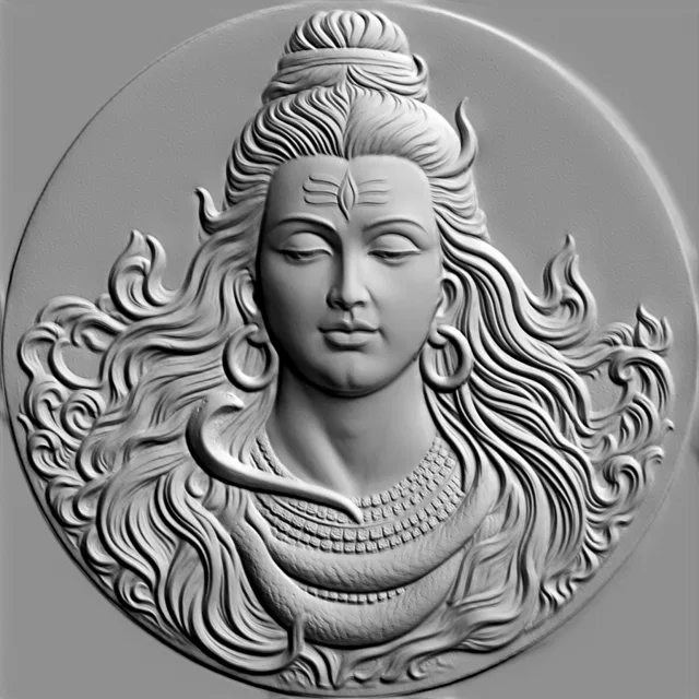 3D model of the Hindu god Shiva's bas-relief with a third eye, depicted with long hair and a snake around his neck.