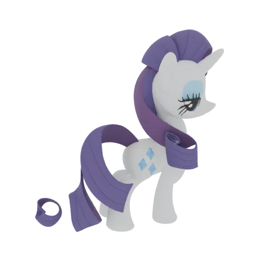 3D model of Rarity from My Little Pony, a white unicorn with a purple mane and tail, standing on a black background.