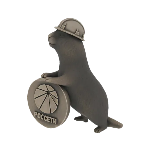 3D model of a bronze beaver wearing a hard hat and holding a circular emblem with the Rosseti logo.