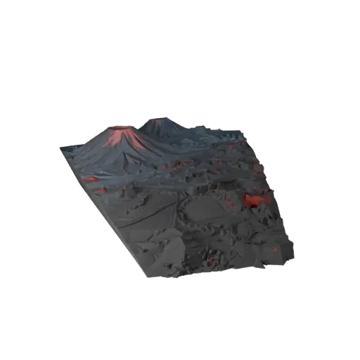 Volcanic Wasteland Biome Low Poly 3D model, game viewport three-quarter view, showing terrain layers, lava channels.