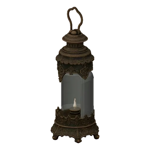 3D model of an ornate Victorian lantern with intricate bronze metalwork and a flickering LED candle inside.