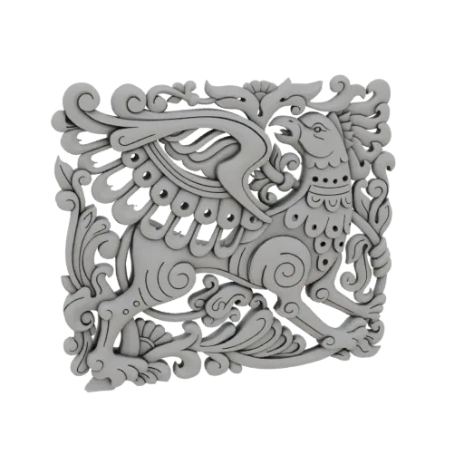3D model render of a detailed bas-relief panel featuring a griffin with ornate wings and swirling foliage.