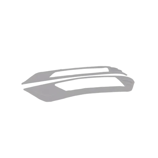 3D render of a futuristic car hood ornament with sharp, angular lines and a sleek, aerodynamic design, presented on a black b