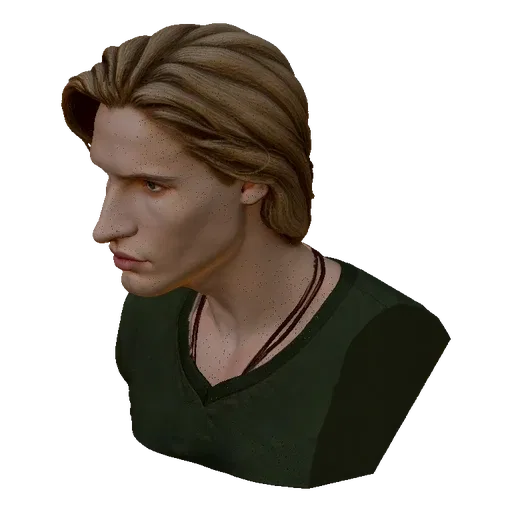 3D model render of a young man's bust, profile view, with blonde hair, green shirt, and double necklace.
