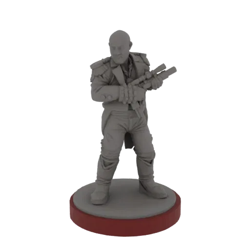 Modèle 3D d'un Commandant Militaire Steampunk chauve, portant un manteau militaire détaillé et tenant deux fusils, debout sur