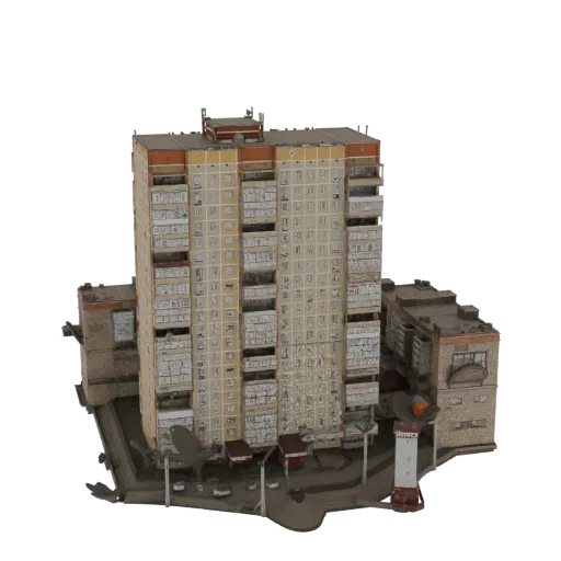 Modèle 3D d'un bâtiment panneau typique de l'ère soviétique avec balcons et détails du sol environnant.